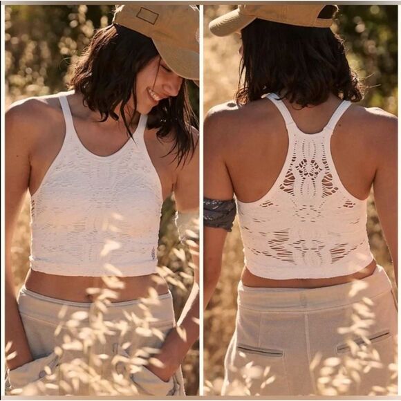 Free People Tops - Free People FP Movement XS S ivory tank Happiness Runs floral crop top shirt